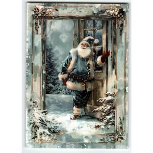 Vintage Christmas Santa Claus in Blue Suit Lithograph Postcard 5.5x4" Snow